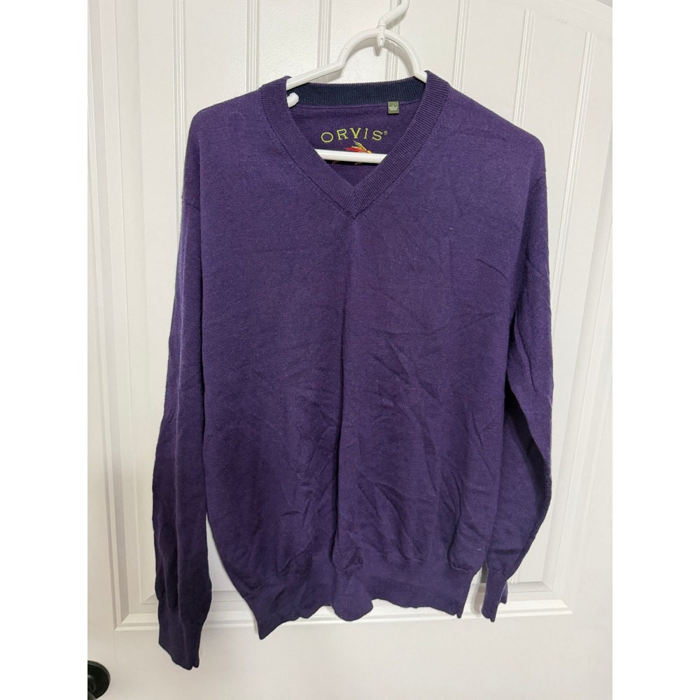 Orvis Wool Sweater Mens Large Purple V-Neck Merino Logo Outdoor EUC